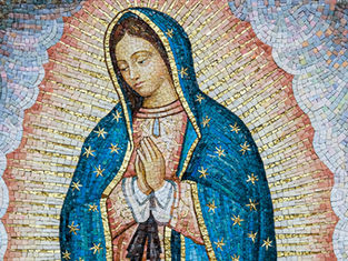 Mosaic of a serene figure with downcast eyes, wearing a blue cloak with gold stars, against a radiant patterned backdrop. Hands clasped in prayer.