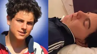 Young person smiling in a red and white shirt against a blue background on the left; same person sleeping in dark jacket on pillow on the right.