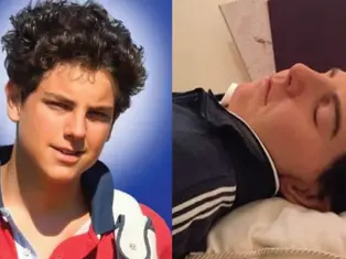 Young person smiling in a red and white shirt against a blue background on the left; same person sleeping in dark jacket on pillow on the right.