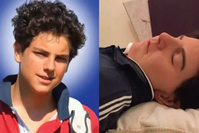 Young person smiling in a red and white shirt against a blue background on the left; same person sleeping in dark jacket on pillow on the right.