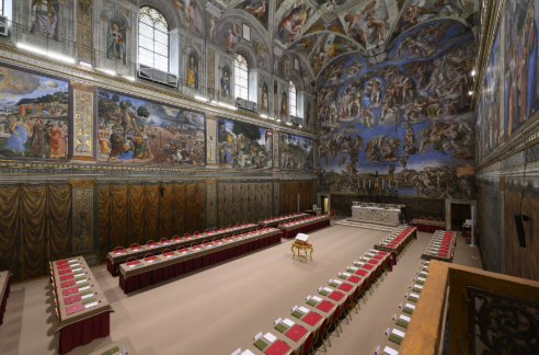 Ornate hall with fresco-covered walls, rows of red tables set with documents, and an altar at the front. Soft lighting creates a reverent mood.