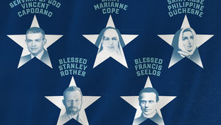 Navy poster of five star-framed saint portraits labeled Vincent Capodano, Marianne Cope, Rose Duchesne, Stanley Rother, Francis Seelos.