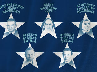 Navy poster of five star-framed saint portraits labeled Vincent Capodano, Marianne Cope, Rose Duchesne, Stanley Rother, Francis Seelos.