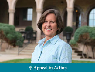 A smiling person in a light blue shirt stands in front of an arched building and greenery. Text reads "Appeal in Action" at the bottom.