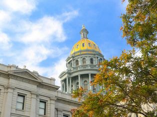 Building with a gold-domed roof under a blue sky, surrounded by green trees. The atmosphere is bright and serene.