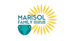 Logo for "Marisol Family Bottom Line Diaper Bank" with a teal diaper and yellow sunburst design in the background.