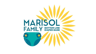 Logo for "Marisol Family Bottom Line Diaper Bank" with a teal diaper and yellow sunburst design in the background.