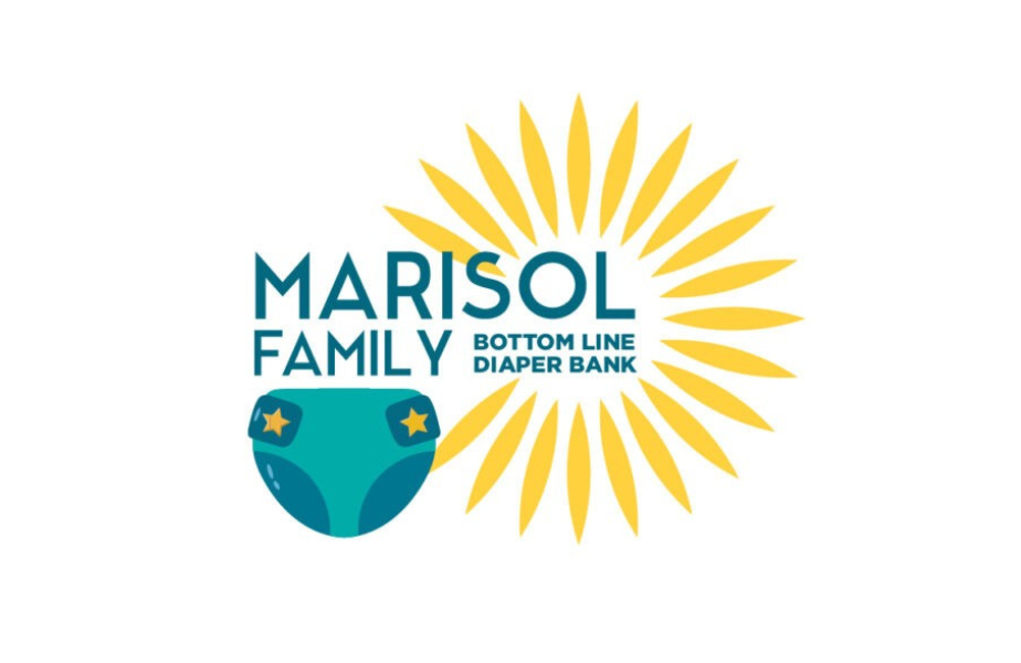 Logo for "Marisol Family Bottom Line Diaper Bank" with a teal diaper and yellow sunburst design in the background.