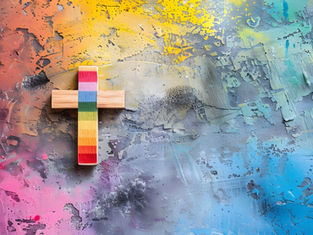 Wooden cross with rainbow stripes on colorful abstract background of blues, yellows, and reds. Vibrant, artistic, and inspiring.