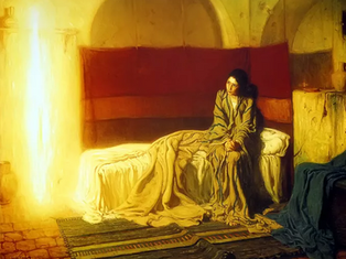 A contemplative woman sits on a bed in a dimly lit room with golden light streaming through a doorway, casting a warm glow on her.