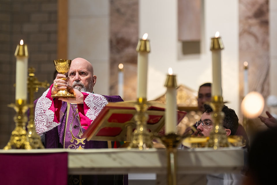 A bishop in purple vestments holds a chalice aloft during a church service. Candles and ornate decor surround the altar. solemn mood.
