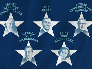 Blue poster with five white stars and portraits labeled Father Benedict Groeschel, Joe Reali, John Courtney Murray, Dietrich, and Alice.