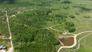 Aerial view of lush green forest, dirt roads, and a small pond in a rural area. Roads intersect near a single building.
