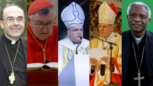 Left to right: Cardinal Philippe Barbarin, Cardinal Vinko Puljić, Cardinal Josip Bozanić, Cardinal Péter Erdő, and Cardinal Peter Turkson. (Photos: MEDEF, CC BY-SA 2.0, via Wikimedia Commons/ EWTN News screenshot/ Pelz, CC BY-SA 3.0, via Wikimedia Commons/ Daniel Ibañez/CNA)