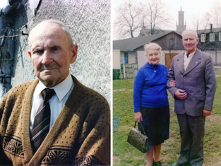 Elderly man in brown sweater outside; couple standing together on grass, woman in blue sweater with handbag. Background has buildings, trees.