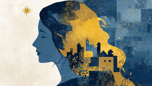Silhouette of a woman's face in blue profile, with golden abstract cityscape in her hair. Star in the background; dreamy and serene.