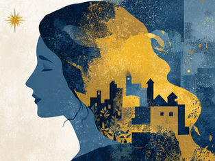 Silhouette of a woman's face in blue profile, with golden abstract cityscape in her hair. Star in the background; dreamy and serene.