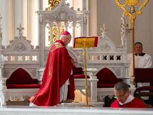 Bishop in red vestments prays at an ornate white altar in a church, with altar servers nearby and warm golden light.