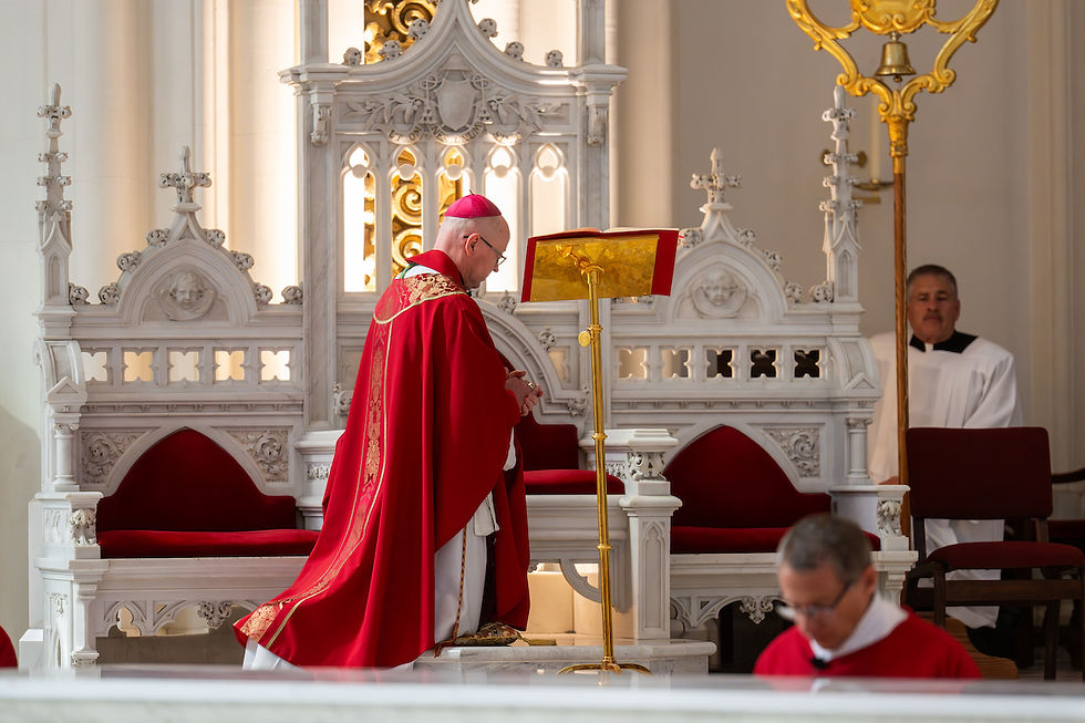 Bishop in red vestments prays at an ornate white altar in a church, with altar servers nearby and warm golden light.