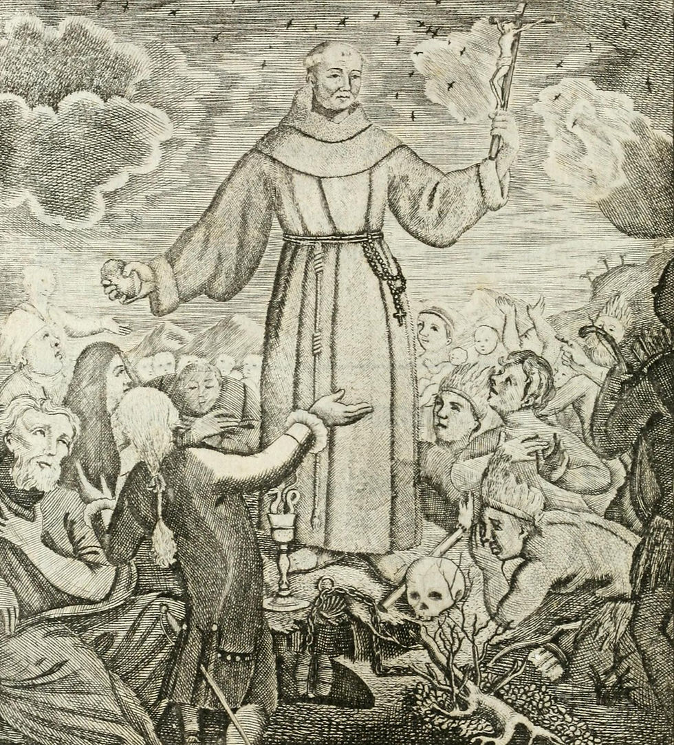 Black-and-white engraving of a saintly monk blessing a kneeling crowd with a crucifix, amid clouds, skulls, and solemn faces