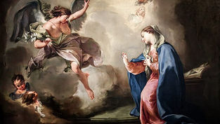 Angel delivering a message to a kneeling woman in a robe, surrounded by cherubs. A dove flies above, creating a divine atmosphere.
