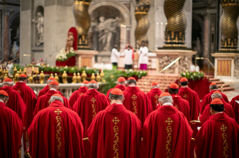 Clergy in red robes stand in prayer in a grand church with ornate columns. Altar with white-robed clergy in the background. Majestic atmosphere.