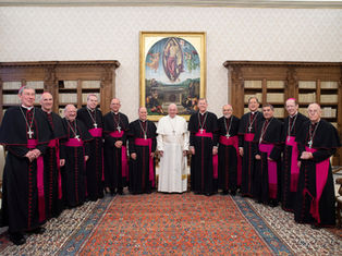 A group of clergy in black and pink robes poses in a room with a large painting. Wooden shelves with books line the walls. Entourage looks pleased.