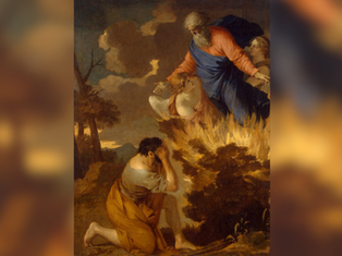 A man kneels before a burning bush while a divine figure gestures toward him, surrounded by clouds and trees. The scene is dramatic and fiery.