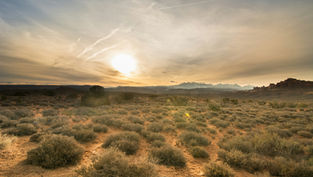Sunset over a desert landscape with sparse bushes, distant mountains, and a vapor trail in the sky, creating a warm, tranquil scene.
