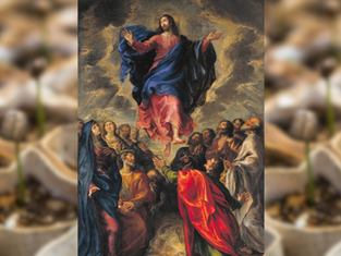 Religious painting of a central figure in red and blue robes ascending into a cloudy sky, surrounded by a group of gazing people.