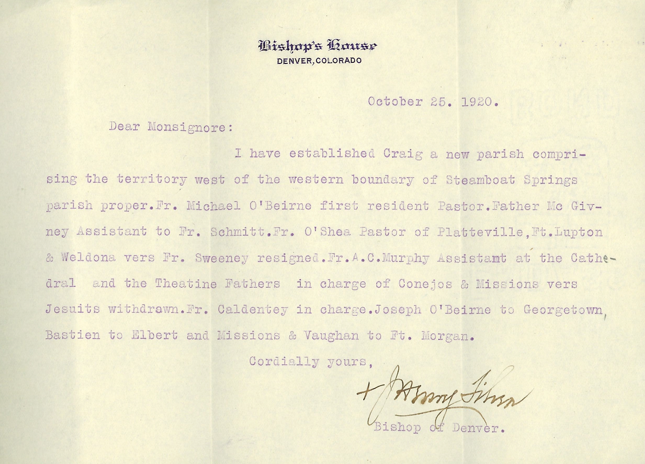 Typed letter from Bishop's House, Denver, dated October 25, 1920, discussing clergy appointments. Signed by the Bishop of Denver.