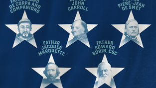 Blue poster with five star portraits and names: Pedro de Corpa, John Carroll, Pierre-Jean De Smet, Marquette, Sorin.