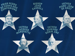 Blue poster with five star portraits and names: Pedro de Corpa, John Carroll, Pierre-Jean De Smet, Marquette, Sorin.