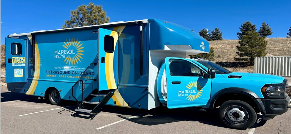 Blue mobile medical van labeled "Marisol Health" with ultrasound, parked outdoors on a sunny day. Stairs lead to an open side door.