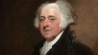 Portrait of an older man with white curly hair, wearing a dark coat and white cravat. Neutral expression, brownish background.
