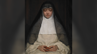 A serene nun in black and white habit holds a small book, eyes closed. Dark backdrop enhances calmness and focus.