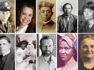 A collage of ten portraits featuring diverse individuals in various attire, ranging from uniforms to traditional clothing, showcasing different eras.