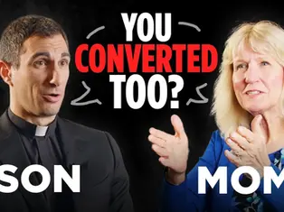 A seminarian in clerical attire and his mother, a blonde woman wearing a blue sweater, are superimposed on a black background. In a speech bubble between them, the words "YOU CONVERTED TOO?" are visible. "SON" and "MOM" are also visible underneath each of them.