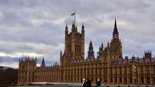 People walk near the Houses of Parliament under a cloudy sky. The UK flag is flying atop the gothic building. Mood is calm and overcast.