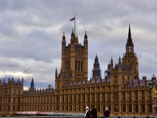 People walk near the Houses of Parliament under a cloudy sky. The UK flag is flying atop the gothic building. Mood is calm and overcast.