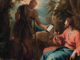 Ancient scene with two men in robes; one offers a smartphone to the other. Background of trees and sky. Mix of old and modern elements.