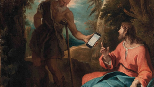 Ancient scene with two men in robes; one offers a smartphone to the other. Background of trees and sky. Mix of old and modern elements.
