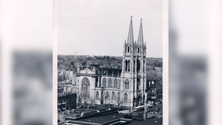 Aerial view of a large Gothic cathedral with twin spires, surrounded by trees and buildings. Black and white image with a calm atmosphere.