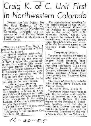 Newspaper article about forming the first Knights of Columbus council in Northwest Colorado. Includes names, dates, and event details.
