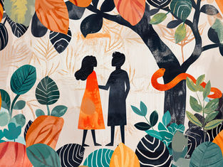Silhouetted couple stands under a tree with a red snake. Vibrant leaves in orange, green, and teal create a lively, abstract scene.