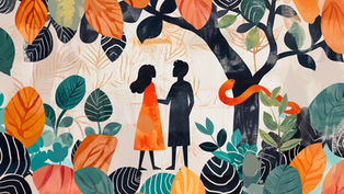 Silhouetted couple stands under a tree with a red snake. Vibrant leaves in orange, green, and teal create a lively, abstract scene.