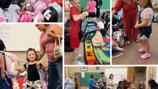 Children and adults gather to distribute colorful backpacks in a classroom. Smiling faces, joyful atmosphere, and various prints are visible.