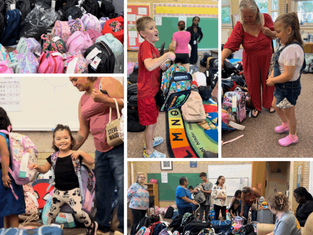 Children and adults gather to distribute colorful backpacks in a classroom. Smiling faces, joyful atmosphere, and various prints are visible.