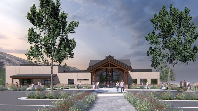 A computer-generated rendering of a new church, viewed from the entrance.