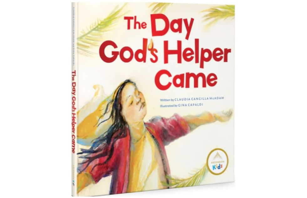 An image of a book cover that reads "The Day God's Helper Came" with a women with brown hair that has her arms stretched out.